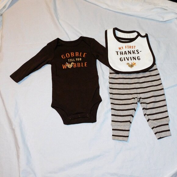 Baby First Thanksgiving Outfit Bib 3 Pce Pants Gobble Unisex Turkey NEW - Picture 1 of 4